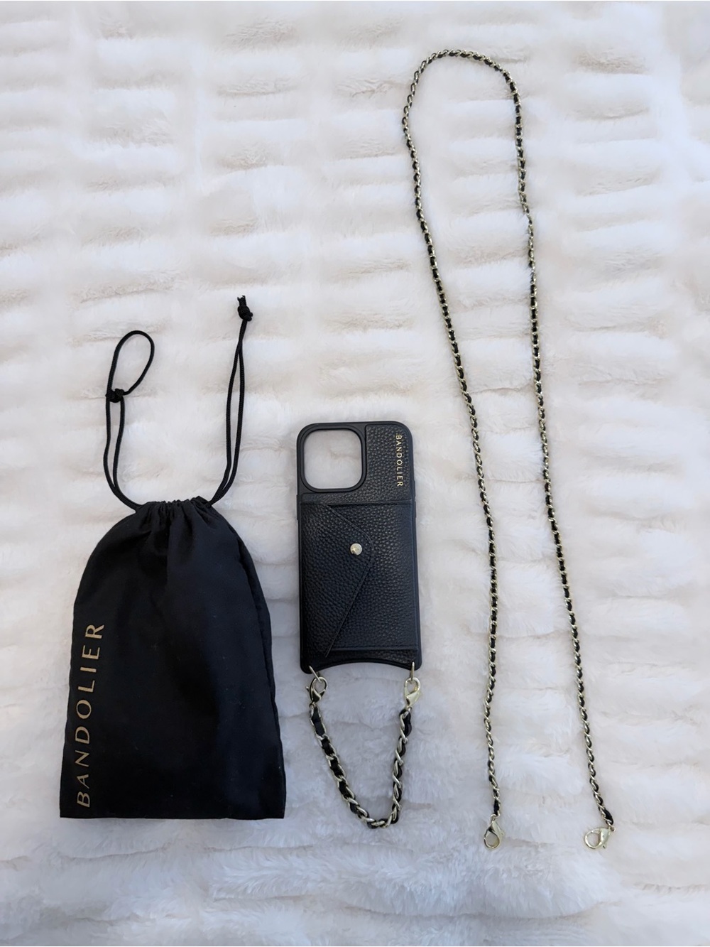 Bandolier Black Leather Crossbody Phone Case w/Gold Chain - iPhone 15 pro max